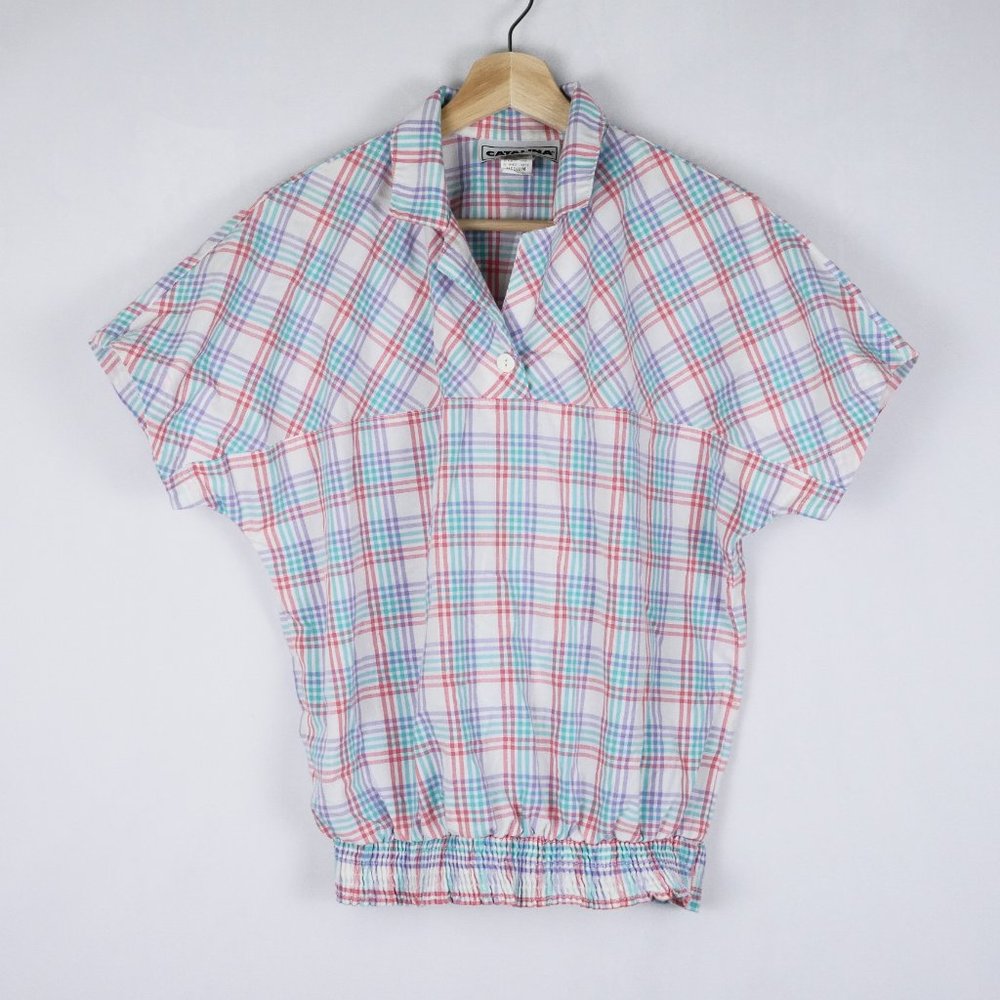 Vintage Catalina Blouse Top Short Sleeve Elastic Waist Made in USA, Women M